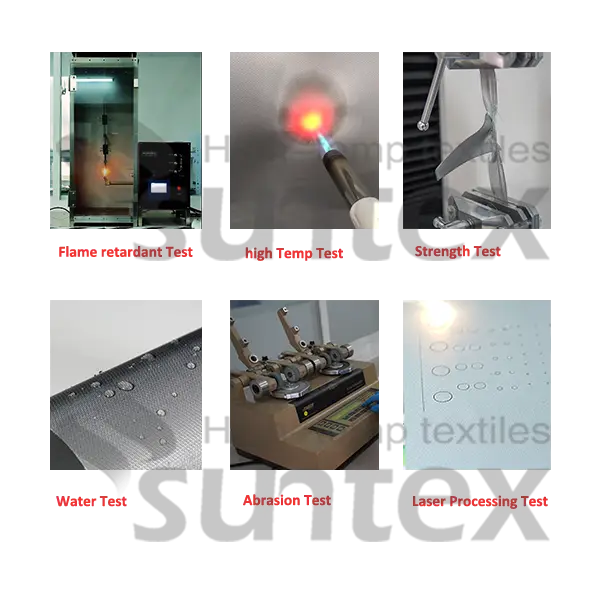 Flame retardant test, high temp test, strength test, water test, abrasion test and laser processign test for silicone fabric